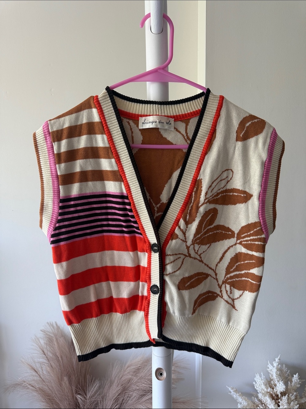 Phisique du Role Italy 100% Cotton Knit Vest Leaf Print European Summer Chic - Picture 3 of 15